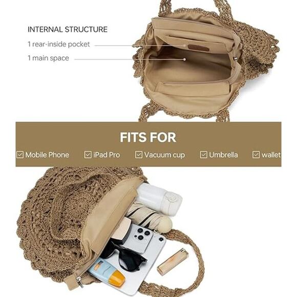 BOGO. Boho Handmade Woven Straw Bag Dark Brown Beach Tote, BOGO Buy 1 Get 1 Free - Picture 6 of 7